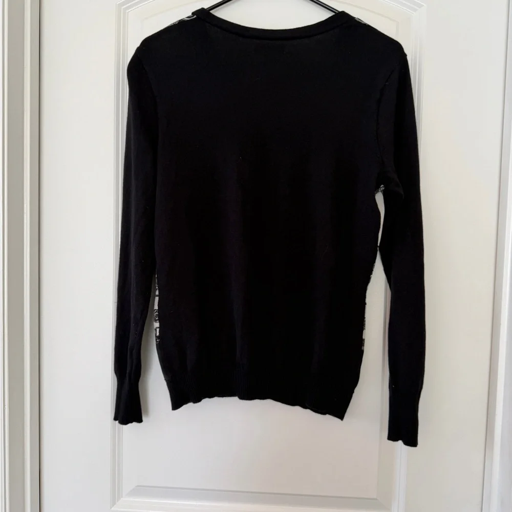 New York & Company Chain Print Cardigan Medium Black & Cream Career Chic Sweater